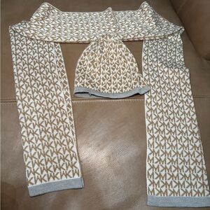 Michael Kors Tan and White MK Pattern Scarf and Hat Set